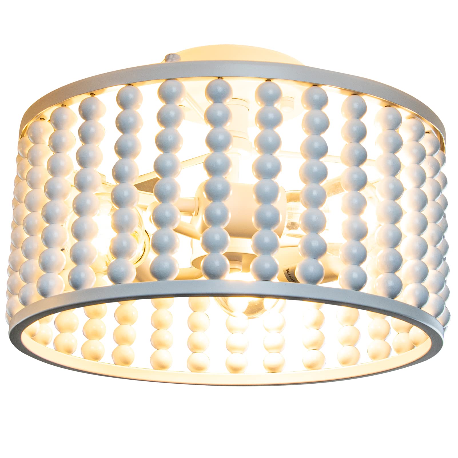 Boho Farmhouse Wood Beaded Chandelier - Oak White 3-Light Semi Flush Mount Ceiling Light Fixture for Hallway, Nursery, Bedroom, Kitchen & Living Room | Rustic Home Decor & Ambient Lighting