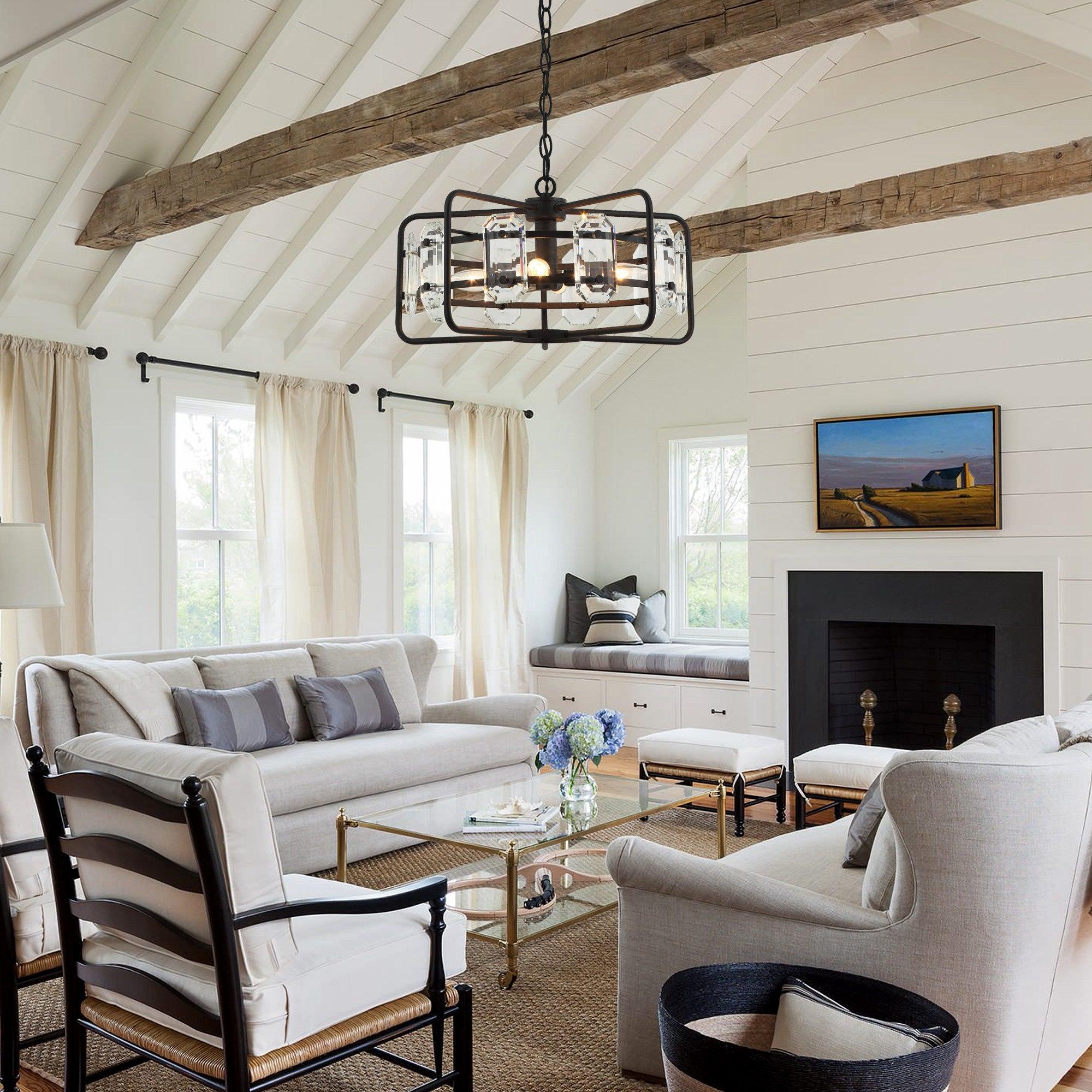 4-Light Modern Crystal Pendant Light Fixture - Gold or Black Finish - Perfect for Dining Room, Living Room, or Bedroom Ceiling Lighting