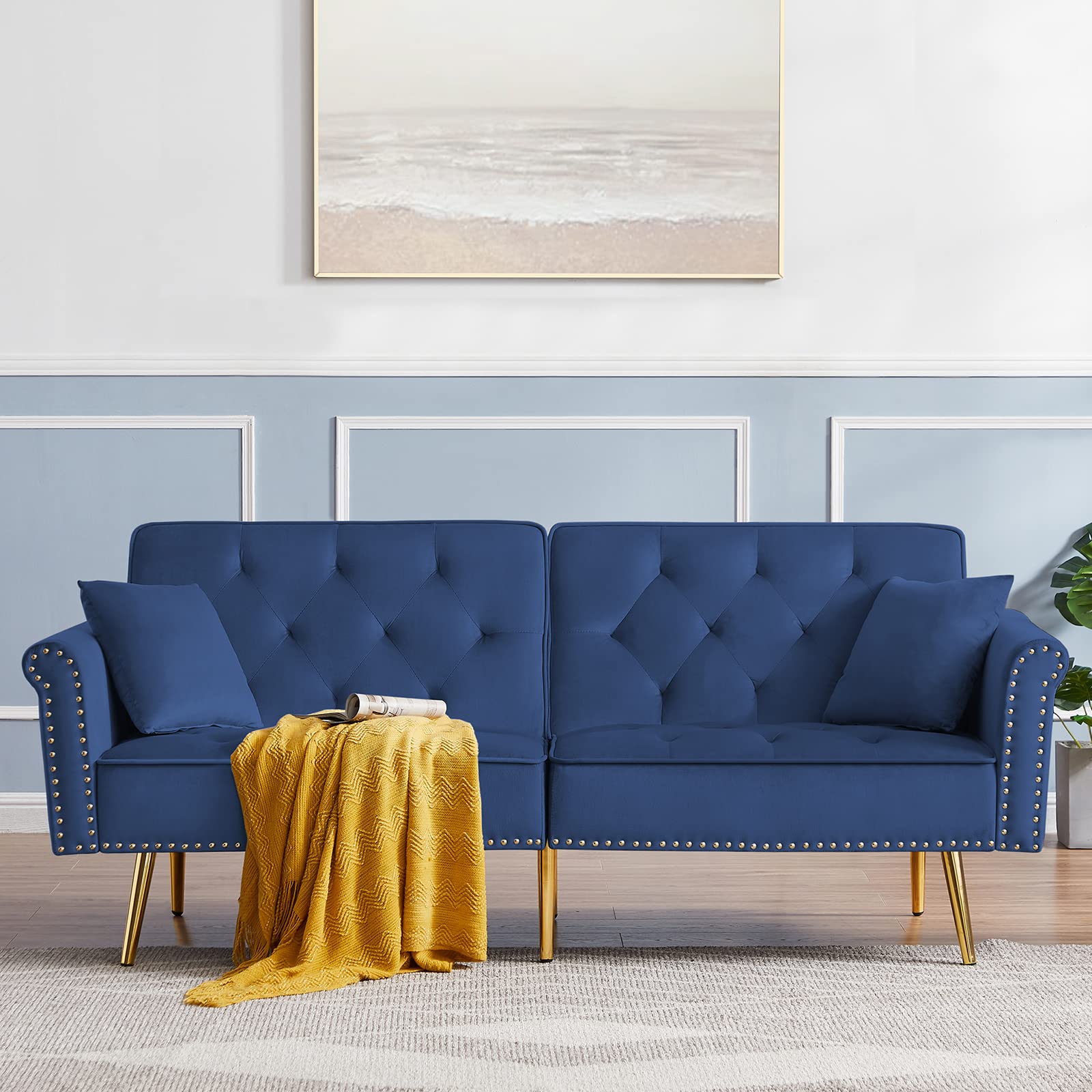 Antetek Velvet Convertible Sofa Bed - 3-Position Adjustable Sleeper Loveseat with 6 Gold Metal Legs & 2 Pillows, Modern Blue Futon Couch for Small Spaces | Perfect for Living Room, Bedroom, Guest Room & Studio Apartments