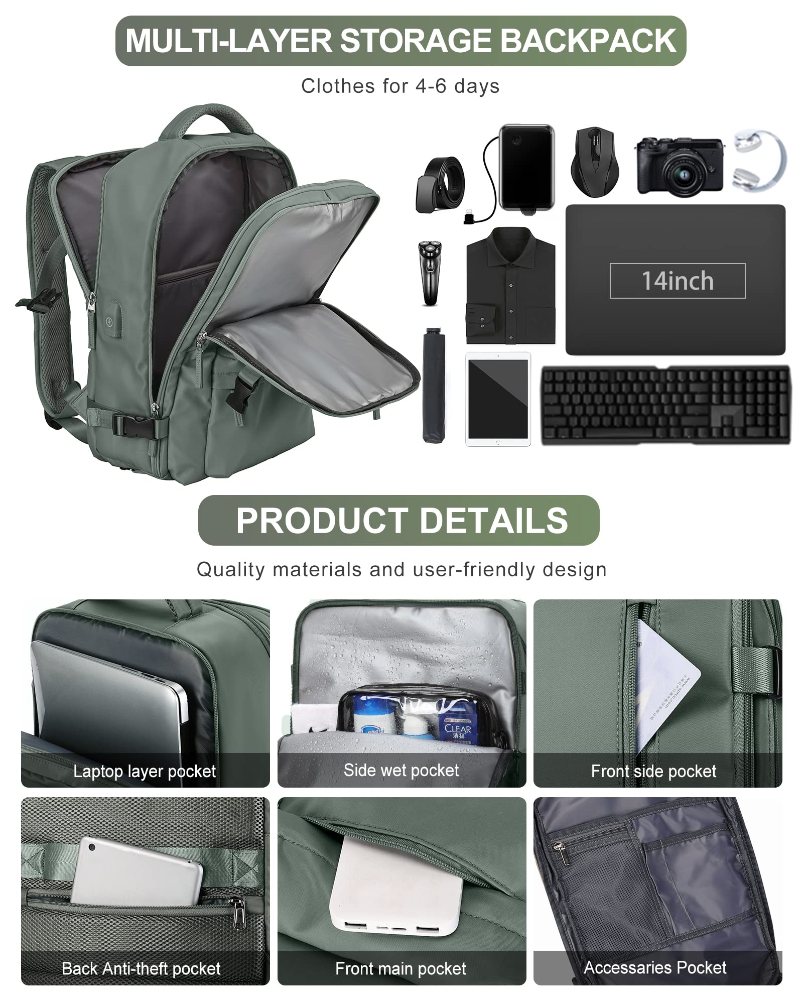 VGCUB 40L Large Travel Backpack for Women & Men - Waterproof Carry On Backpack with 17 Inch Laptop Compartment - Flight Approved Business Work Backpack - Perfect for Air Travel, Commuting & Outdoor Adventures - Green