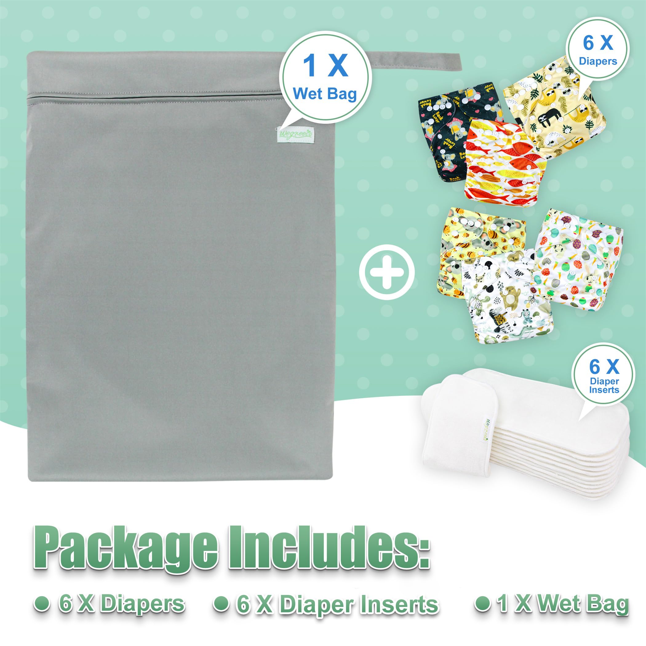 Wegreeco 6 Pack Reusable Cloth Diapers with Inserts & Wet Bag - Adjustable One Size Washable Baby Diapers for Boys & Girls (Animal Print) - Perfect for Daycare, Travel & Eco-Friendly Parenting