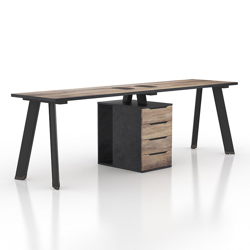 2-Person Workstation Desk with Cabinet - 2.4M Warm Oak & Black Finish - Perfect for Home Office & Shared Workspaces
