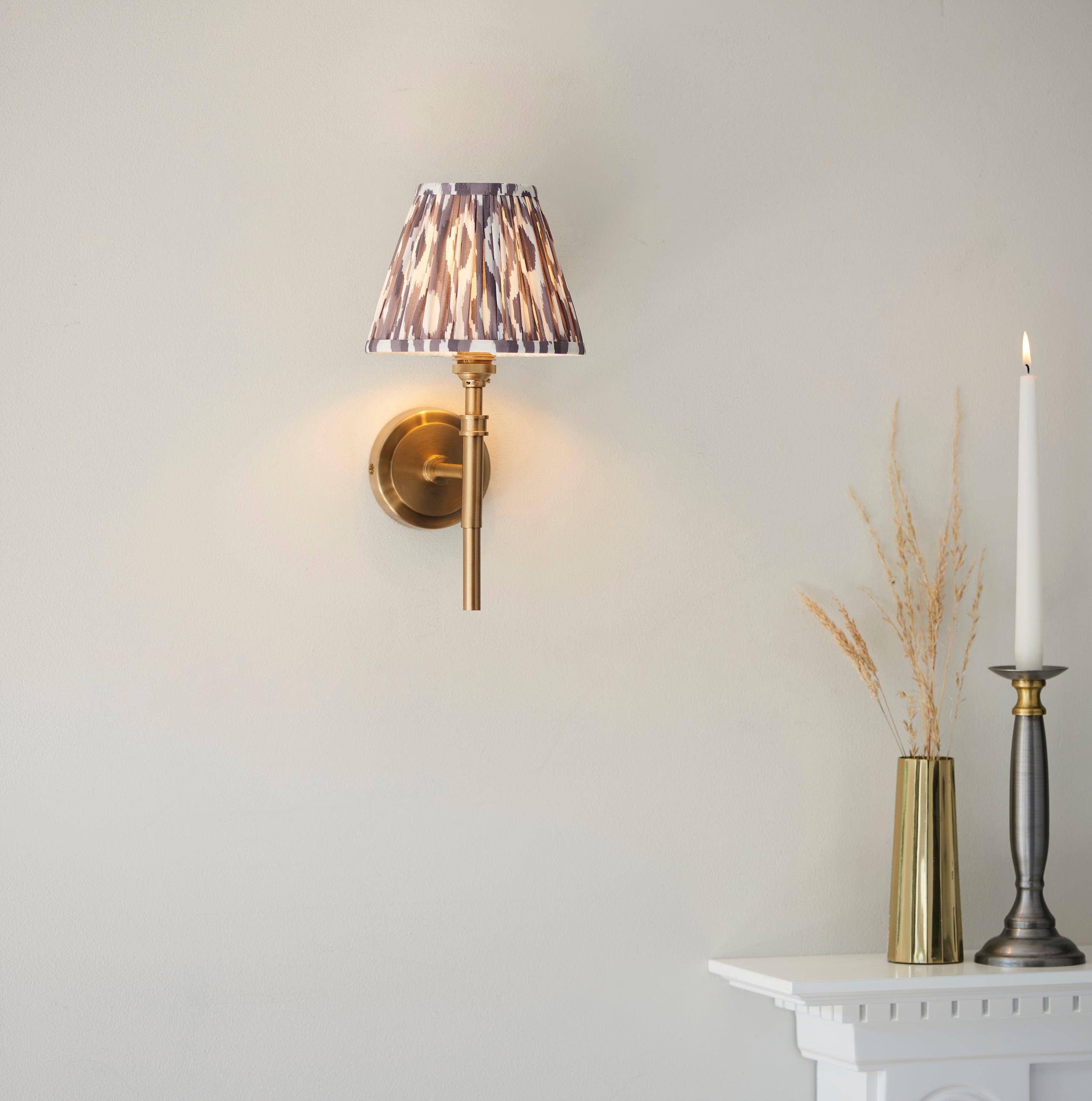 Chester Brass Wall Light with Pearl Ikat 16cm Shade - Vintage Style Sconce for Bedroom, Hallway & Living Room Lighting