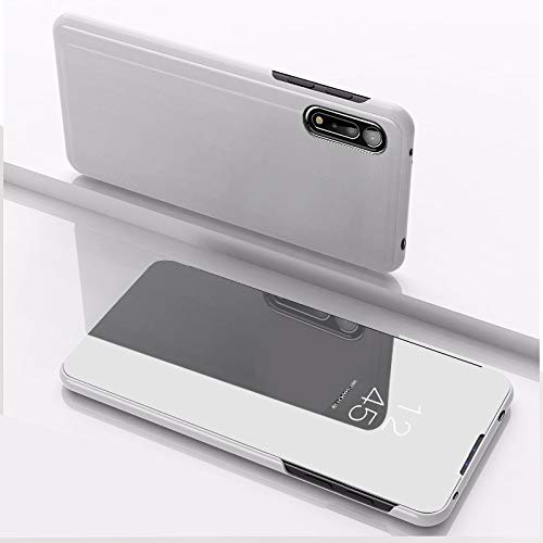 Samsung Galaxy A30S Case & A50S Case - Clear View Flip Mirror Cover with Glitter Design, Shockproof 360° Full Body Protection (Mirror Silver) - Perfect for Makeup Touch-ups, Daily Use & Travel Protection