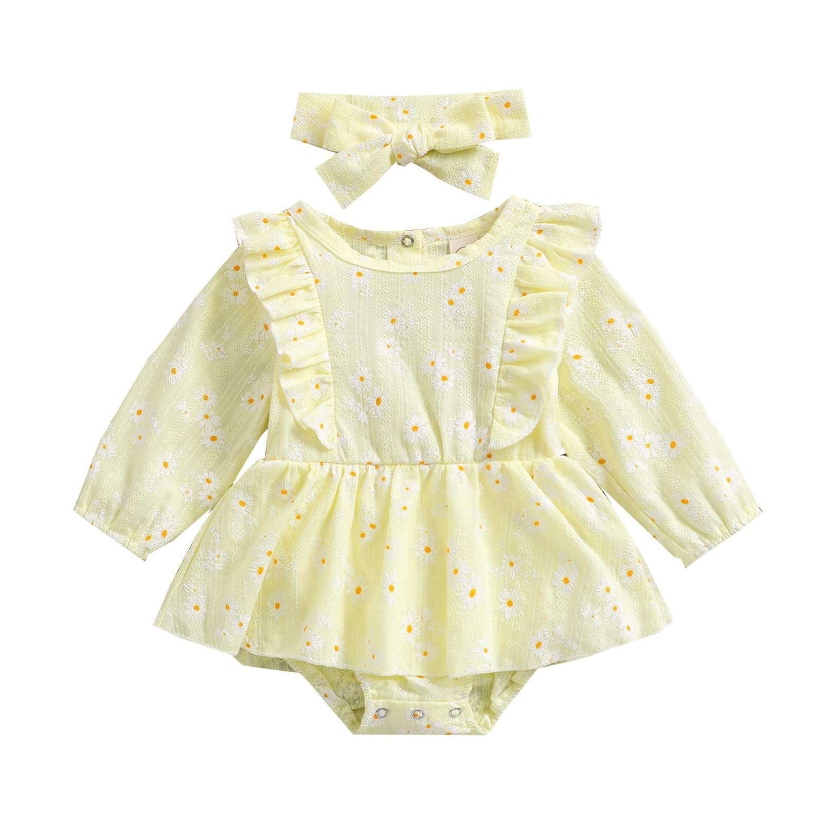 Baby Girls' Long Sleeve Daisy Print Bodysuit & Ruffle Dress Romper Set with Headband - Spring & Fall Outfit for Infants, Photo Shoots, Parties & Daily Wear
