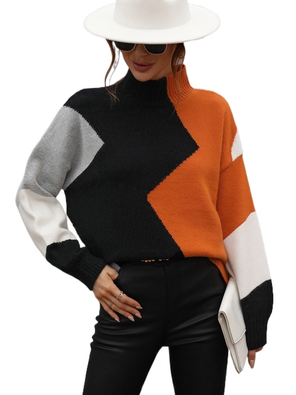 Women's Colorblock High Neck Drop Shoulder Pullover Sweater - Cozy Fall & Winter Knit Jumper Tops for Casual Outfits, Office Wear & Holiday Gatherings