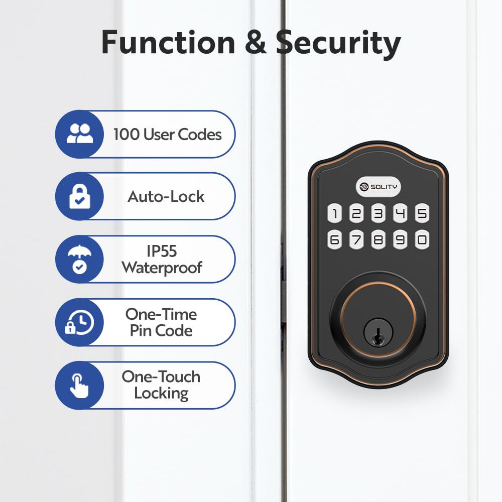 Solity Smart Digital Electric Deadbolt Keypad Lock - Keyless Entry & Auto Lock with 100 Custom Codes - Easy Installation for Exterior Front Entry Doors - Residential Use (Oil Rubbed Bronze) - Perfect for Homes, Apartments & Vacation Rentals