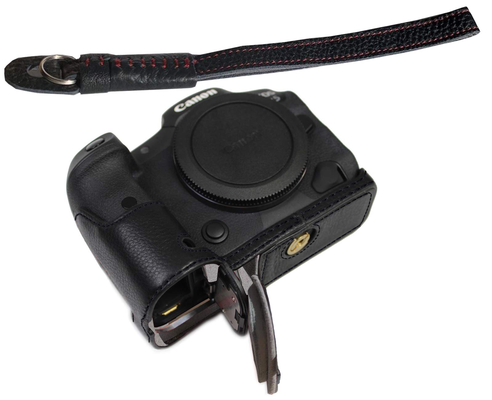 **Genuine Leather Camera Case for Canon EOS R6 & R5 - Protective Half Cage Cover with Hand Strap (Black + Black Line) - Durable DSLR Bag for Travel & Outdoor Photography**