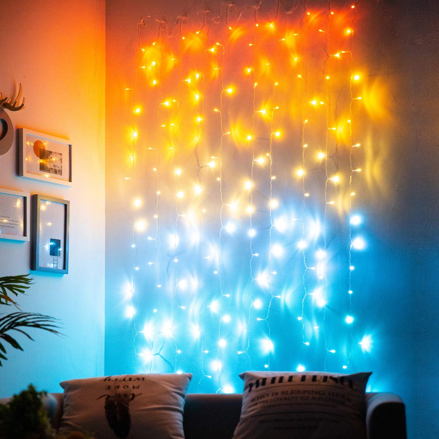 Sunset Orange LED Curtain Lights - Warm White, Coral, Turquoise, Aqua Blue Fairy String Lights for Bedroom, Sunroom & Ocean-Themed Decor | Perfect for Hawaii Vibes, Cozy Nights & Boho Room Aesthetics