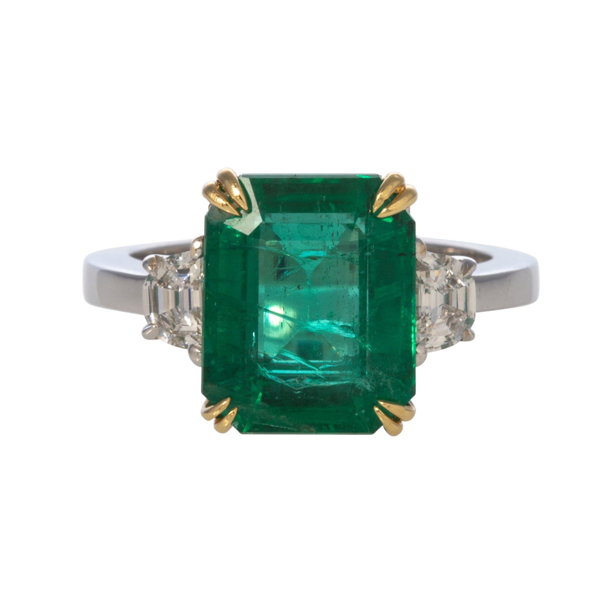 4.99ct Natural Emerald & Diamond Three Stone 18K Gold Ring for Women - Elegant Engagement, Wedding, Anniversary Jewelry Gift