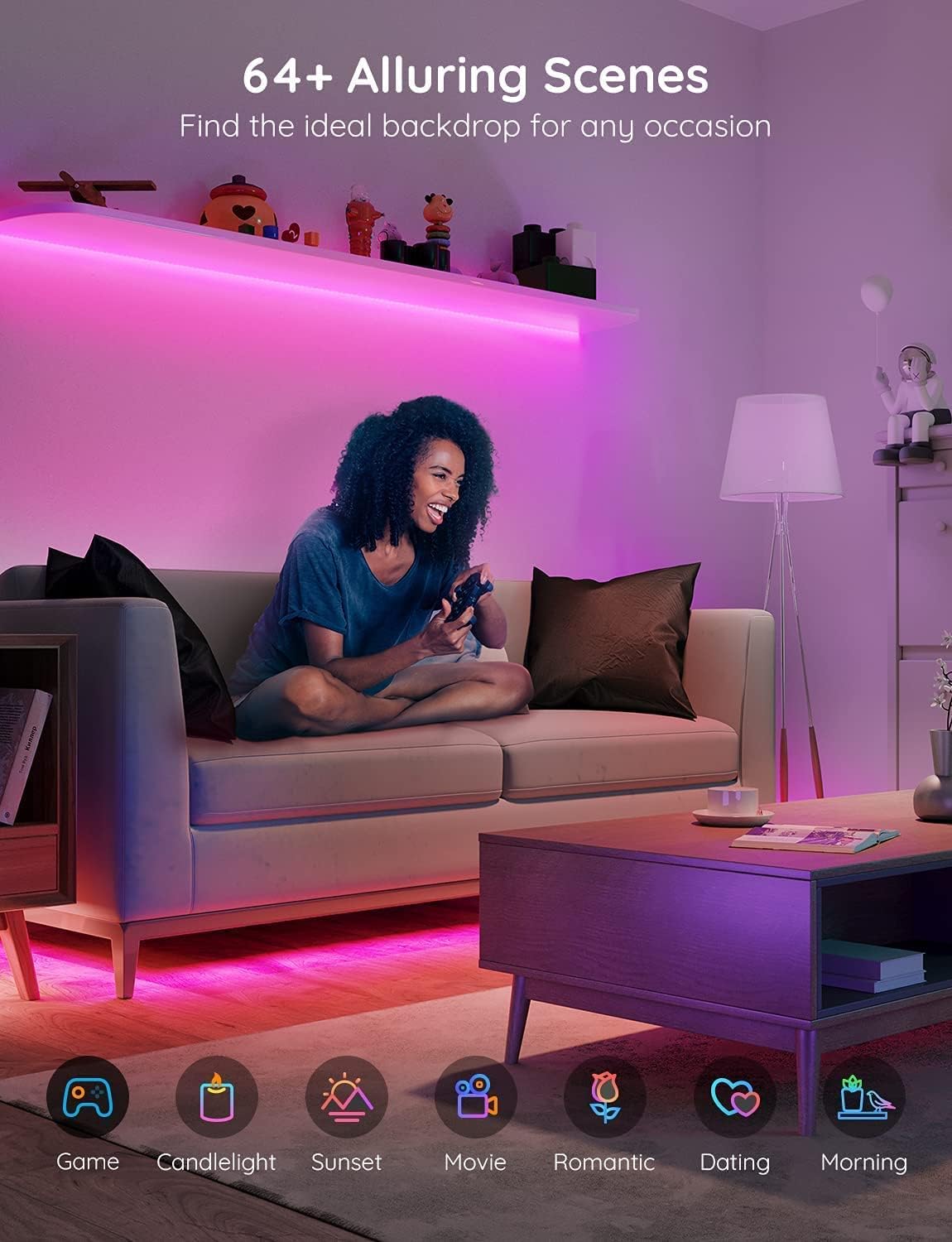 Govee 50ft Smart LED Strip Lights with Bluetooth & App Control - 64 Dynamic Scenes, Music Sync RGB Lights for Bedroom, Living Room, Kitchen, Party - ETL Certified Adapter | Perfect for Home Decor, Gaming Setup & Mood Lighting