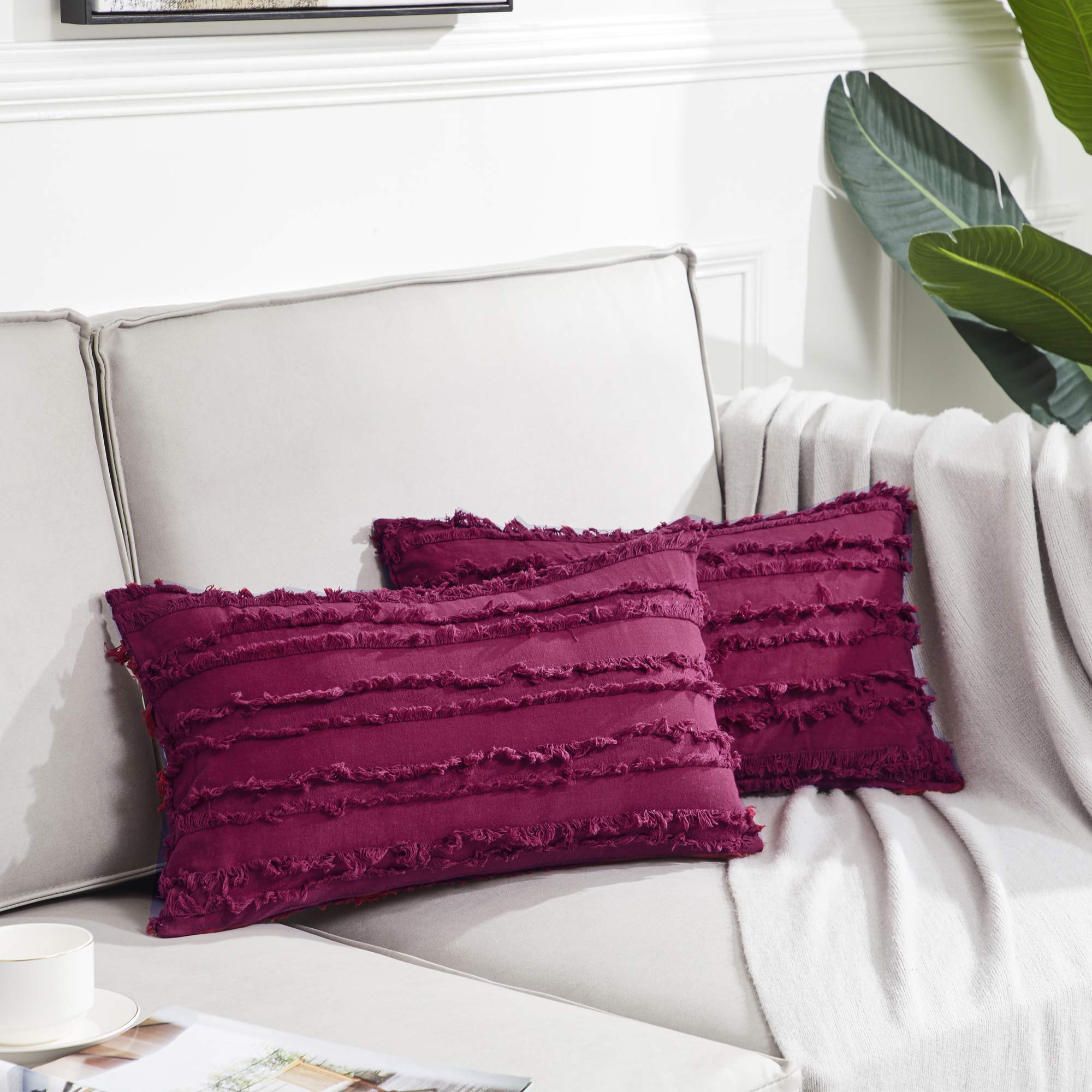 GIGIZAZA 12x20 Decorative Throw Pillow Covers - Wine Red Square Boho Cotton Cushion Covers for Sofa & Couch - Perfect for Living Room, Bedroom Decor and Home Styling
