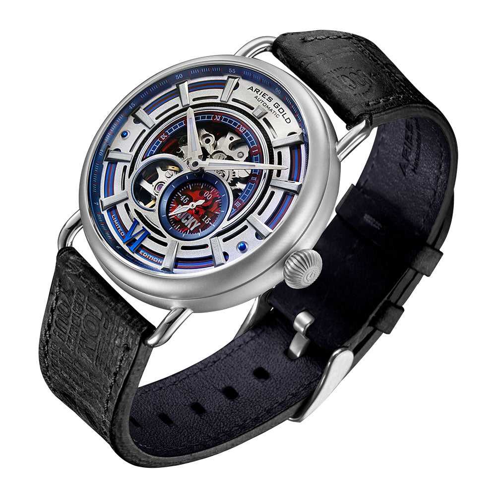ARIES GOLD Automatic Rocky Limited Edition Invincible Silver Stainless Steel Men's Watch with Leather Strap - Model G9013 - Perfect for Formal Events, Business Meetings & Luxury Gifts