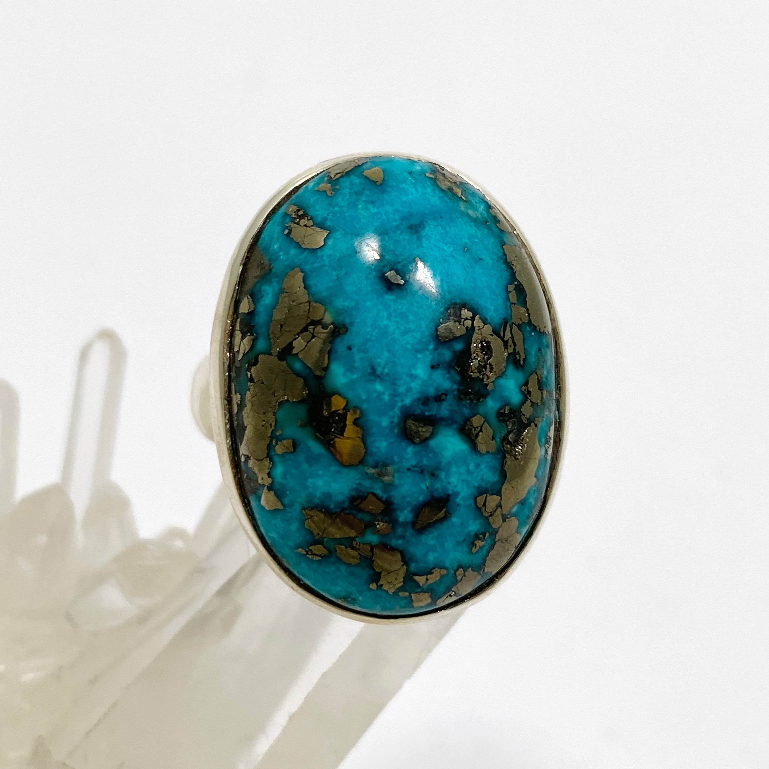 Natural Persian Turquoise with Pyrite Oval Cabochon Ring - Size 9 - Handmade Iranian Jewelry - Perfect for Boho Fashion & Gift Giving