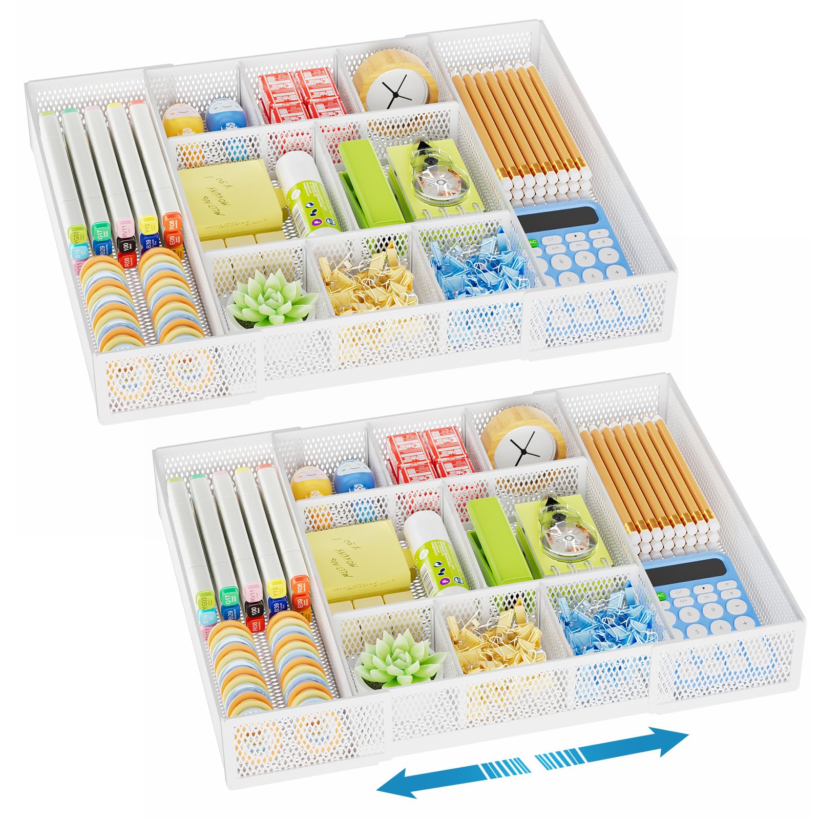 Marbrasse Expandable Mesh Desk Drawer Organizer - 10 Adjustable Compartments Storage Tray for Office Supplies, Makeup & Vanity | Perfect for Home Office, Bathroom & Bedroom Organization (White, 2-Pack)