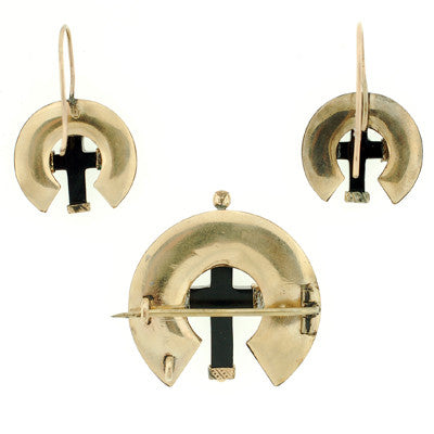Victorian Style 15kt Gold Onyx Cross & Enamel Earring & Pin Jewelry Set - Perfect for Weddings, Anniversaries & Special Occasions