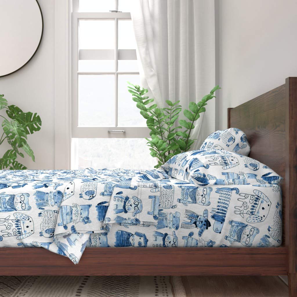 100% Cotton Queen 4-Piece Sheet Set | Dogs Monochrome Watercolor Print | Jazz Blues Breed Illustrations | Gender Neutral Indigo Animal Bedding | Perfect for Kids' Rooms, Guest Bedrooms & Pet Lovers