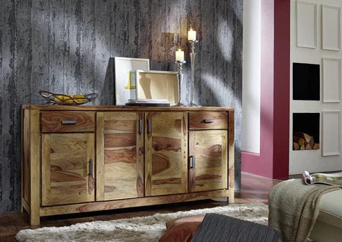Gfine Solid Sheesham Wood Sideboard - 4 Doors & 2 Drawers, 175x45x86cm - Perfect for Living Room, Dining Room & Hallway Storage