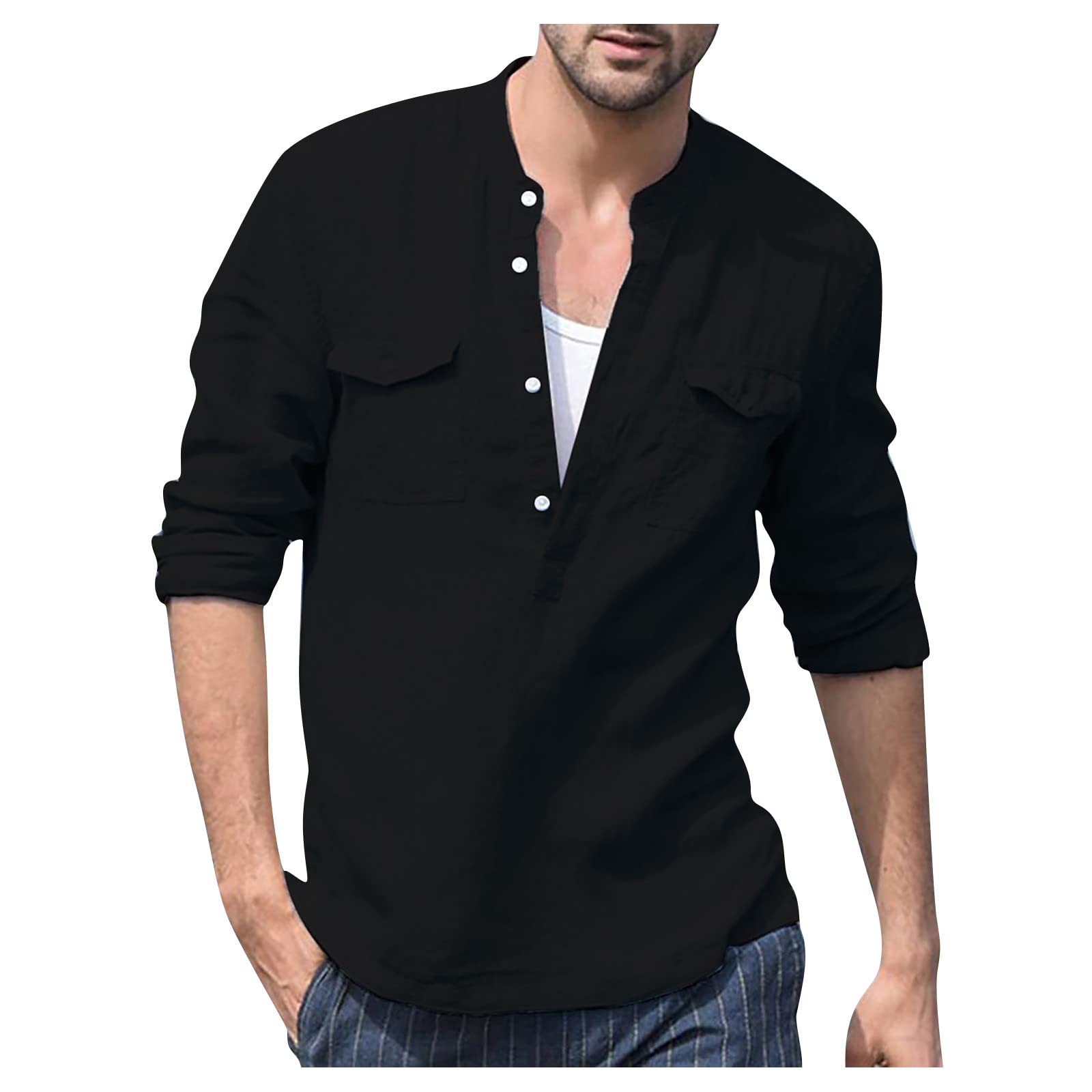 WENKOMG1 Men's Casual Long Sleeve Henley Shirt - Soft Cotton Linen Blend Button Down Top for Spring/Summer - Relaxed Fit Baggy T-Shirt for Outdoor Activities, Dating & Weekend Wear