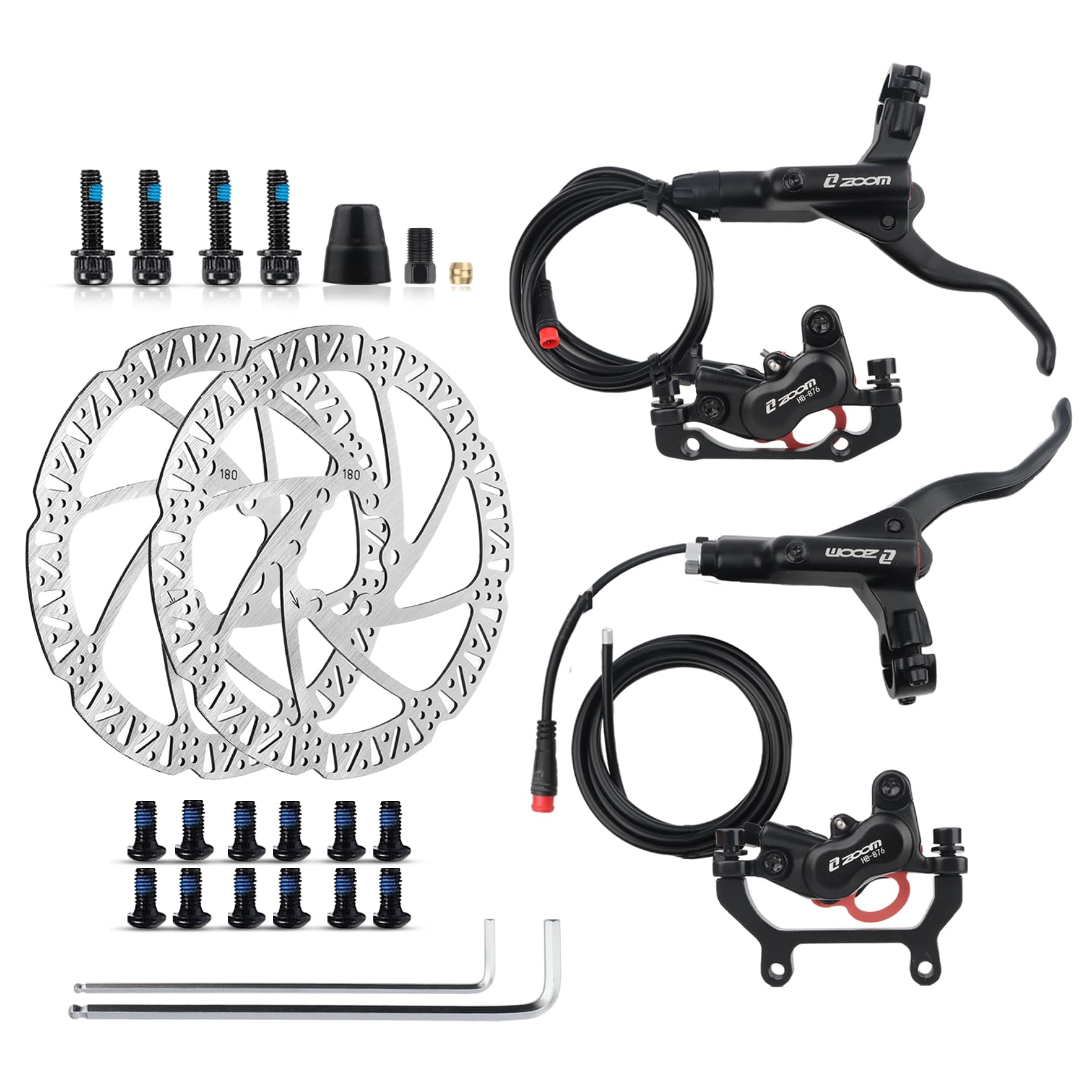 ZOOM Ebike Hydraulic Disc Brake Set - H876E 4-Piston Power-Off Electric Bike Brake Kit with 2-PIN Sensor, 160mm/180mm Rotors & Mounting Adapter | Perfect for Mountain Biking, Commuting & Off-Road Adventures