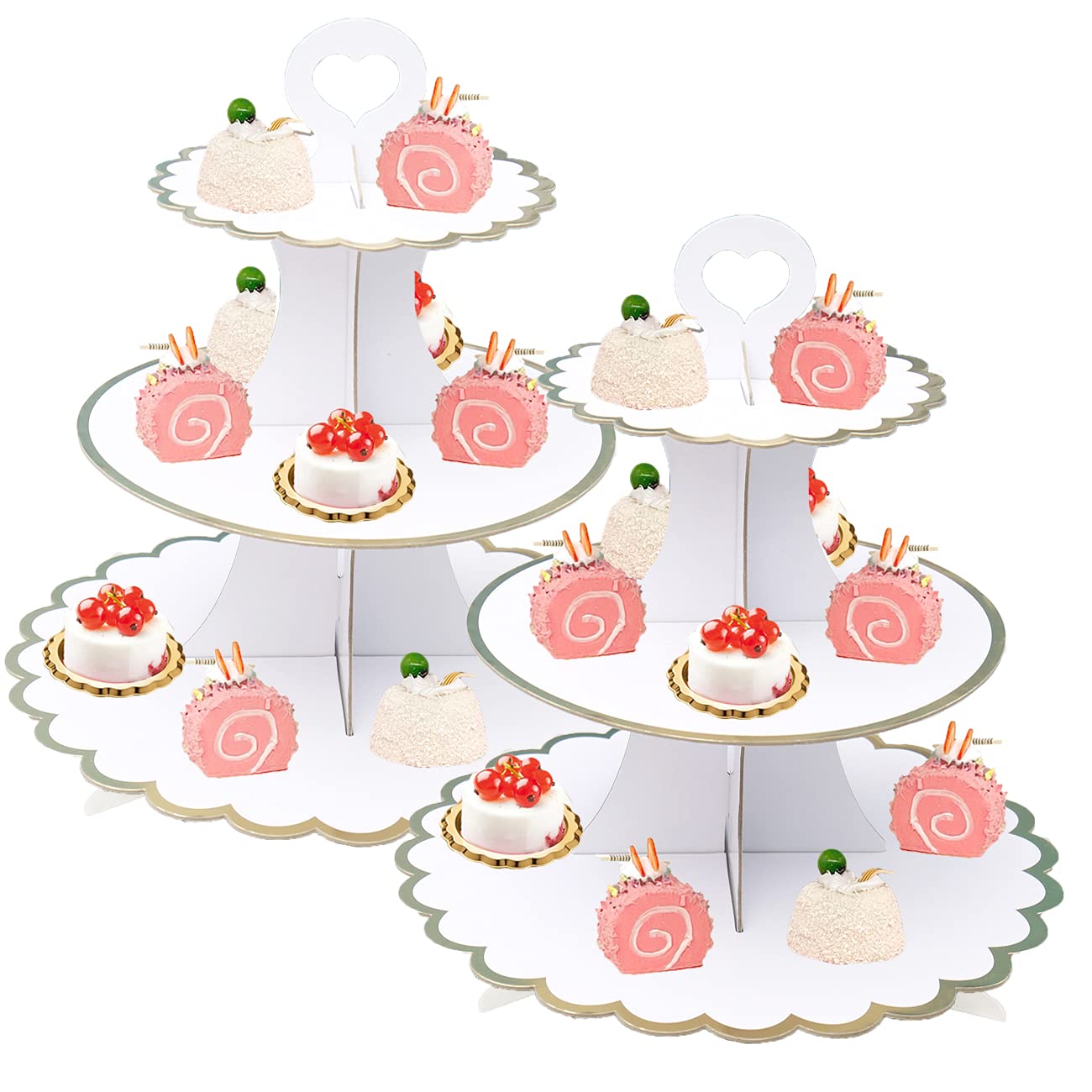 3-Tier White and Gold Floral Heart Cardboard Cupcake Stand - Set of 2 Holds 24 Cupcakes - Perfect for Birthday Parties, Baby Showers, Bridal Showers & Halloween Celebrations - Elegant Dessert Display for Weddings, Tea Parties & Special Events
