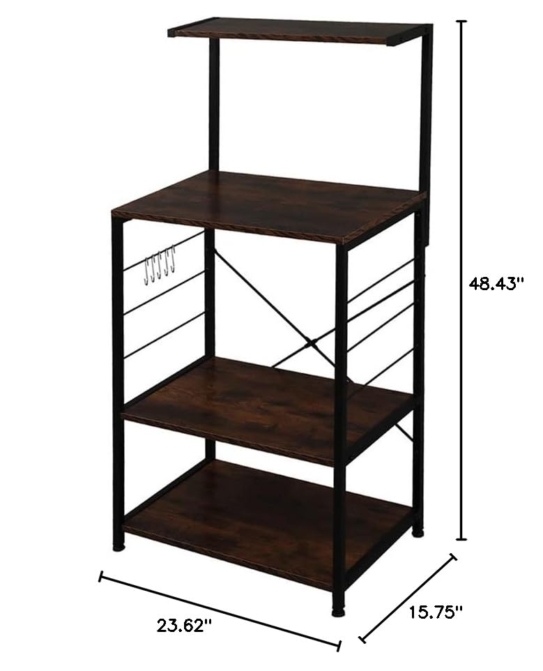 4-Tier Metal Standing Baker's Rack with Hooks - Rustic Brown Kitchen Microwave Oven Stand, Multipurpose Storage Shelf for Living Room & Kitchen - Perfect for Small Spaces, Pantry Organization & Baking Needs
