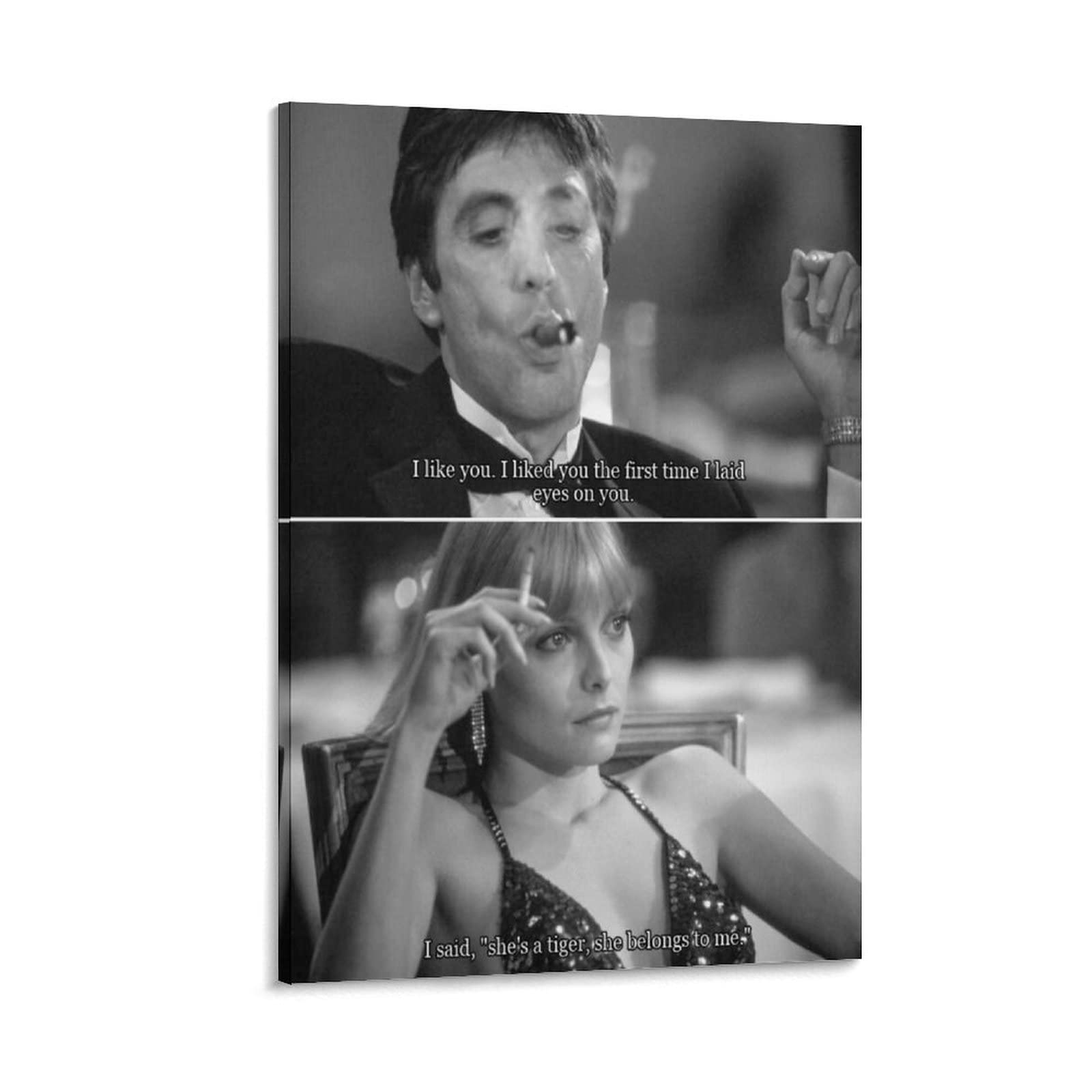 Scarface & Michelle Pfeiffer Black and White Canvas Wall Art - 24x36 Inch (60x90cm) Framed Movie Poster Print for Living Room, Bedroom, Office Decor - Perfect for Gangster Film Fans & Home Theater Decorations