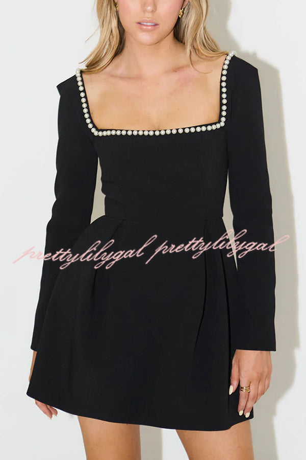 Elegant Pearl Embellished Square Neck Long Sleeve Mini Dress for Women | Perfect for Cocktail Parties, Date Nights & Special Occasions