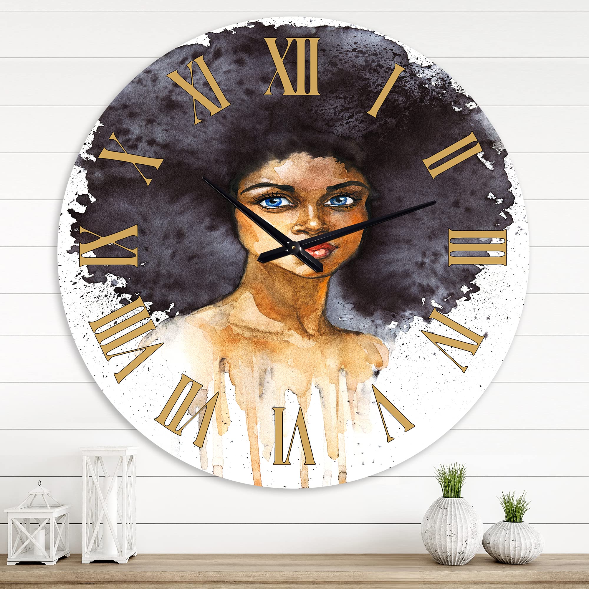 DesignQ Modern Wall Clock - Portrait of African American Woman X - Large Decorative Wall Clock for Home & Office - Perfect for Living Room, Bedroom, or Workspace Decor
