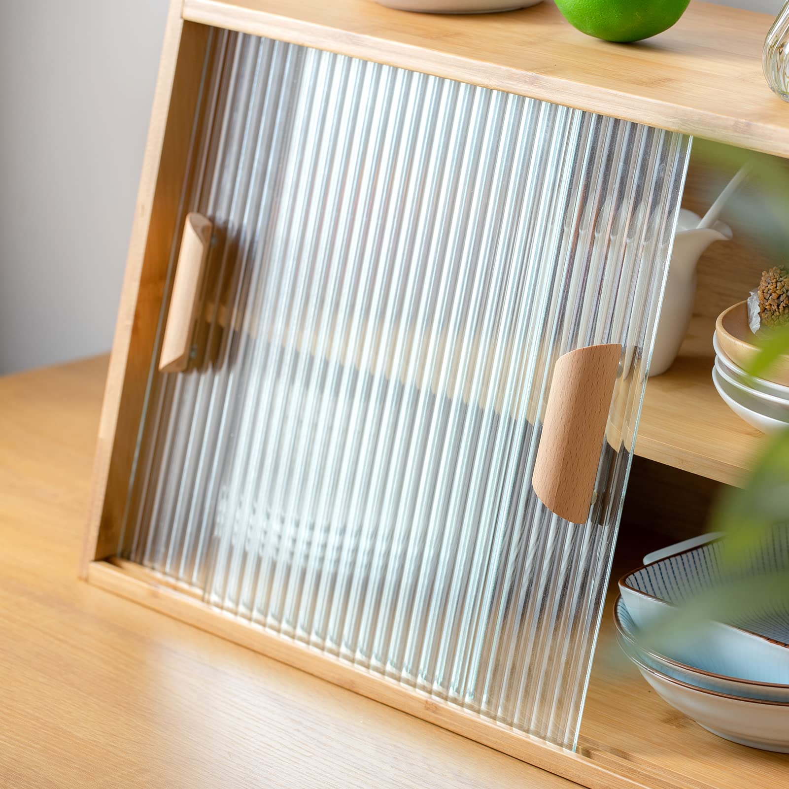 Small Bamboo Kitchen Pantry Cabinet with 2 Sliding Glass Doors - Freestanding Storage for Bottles, Dishes & Bowls - Modern Sideboard for Dining Room, Kitchen or Living Room Organization
