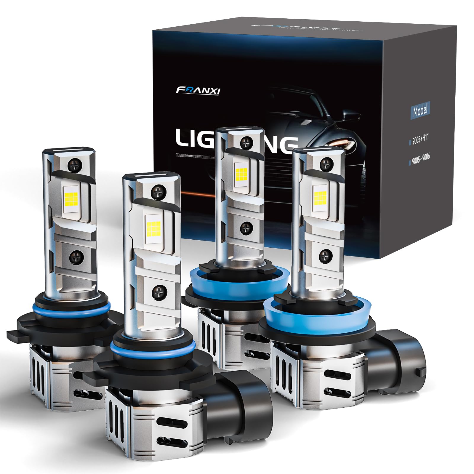 FRANXI 9005 HB3 H11 H8 H9 H16 LED Bulbs Combo Kit - 120W Super Bright 6000K Cool White Fog Lights with Cooling Fan - Plug and Play - Pack of 4 - Perfect for Trucks, SUVs, and Off-Road Vehicles