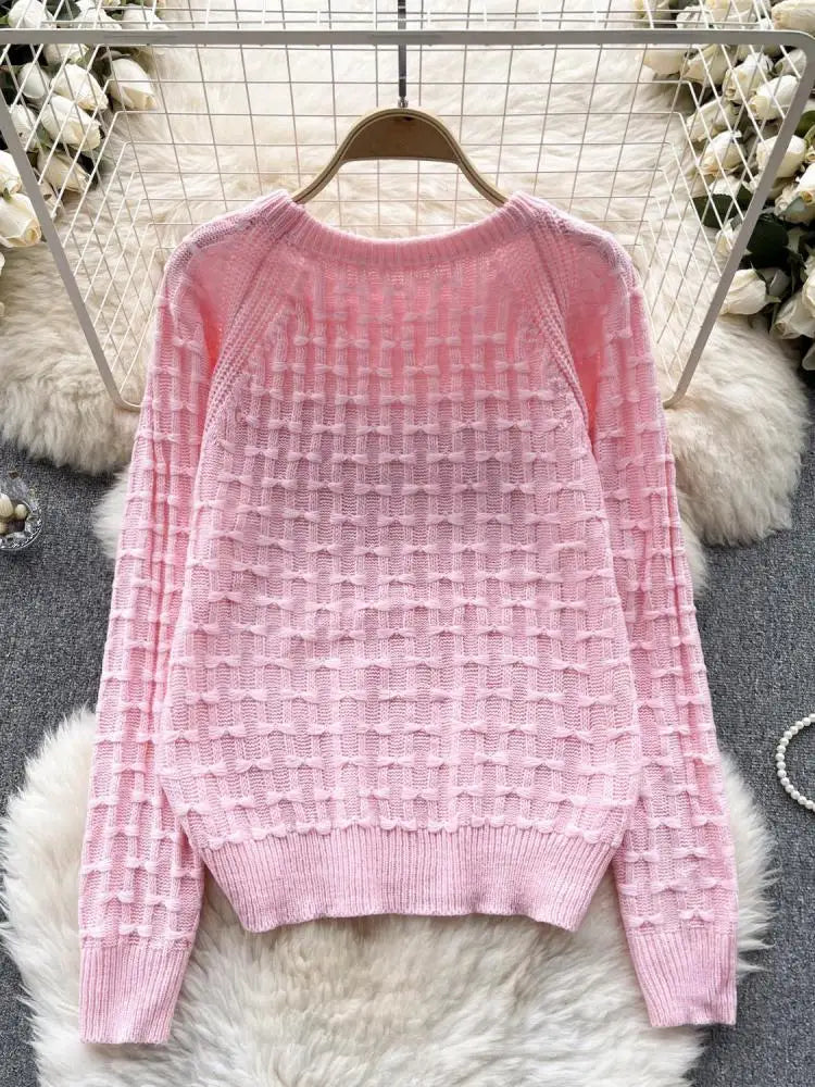 Women's Vintage White Long Sleeve Button-Up Sweater - Cozy Loose Knit Pullover with Bow Detail, Pink O-Neck Top for Fall Winter Fashion | Perfect for Office, Dating & Casual Outfits