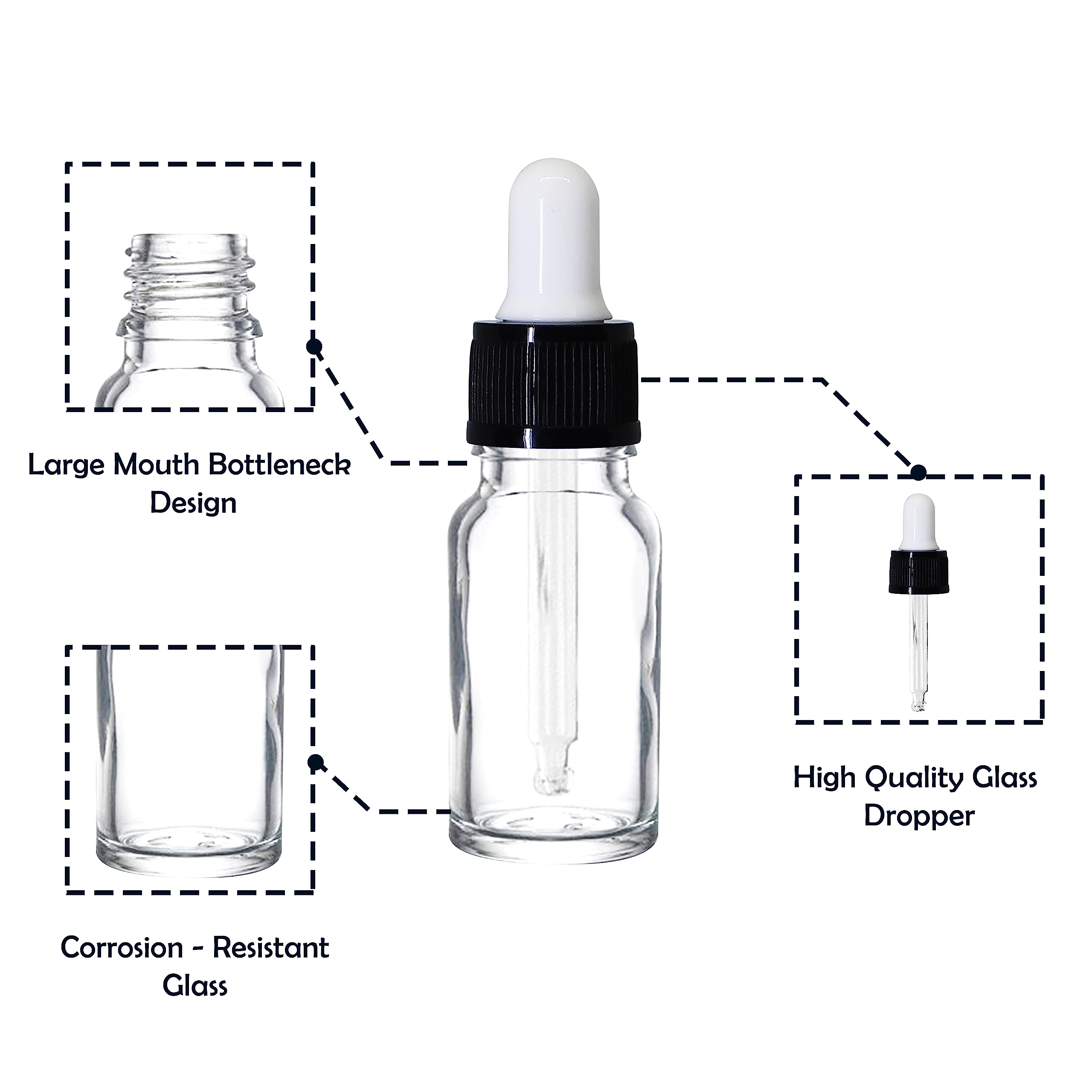 NSB Herbals 10ml Clear Round Empty Glass Bottle with Dropper & Black Ring - White Silicone Teat for Essential Oils, Perfumes, DIY Liquids (Pack of 3) | Refillable Travel-Size Containers for Aromatherapy & Beauty Products