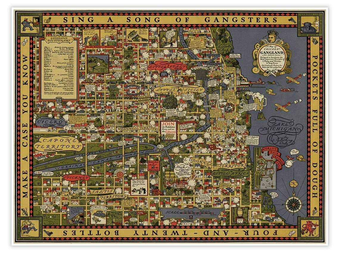 Vintage 1931 Chicago Gangland Map Poster - Laminated 17x22 Inch Wall Art with Vibrant Colors, Perfect for Home & Office Decor - Historical Illinois City Map for Gifts, Man Caves & Themed Rooms