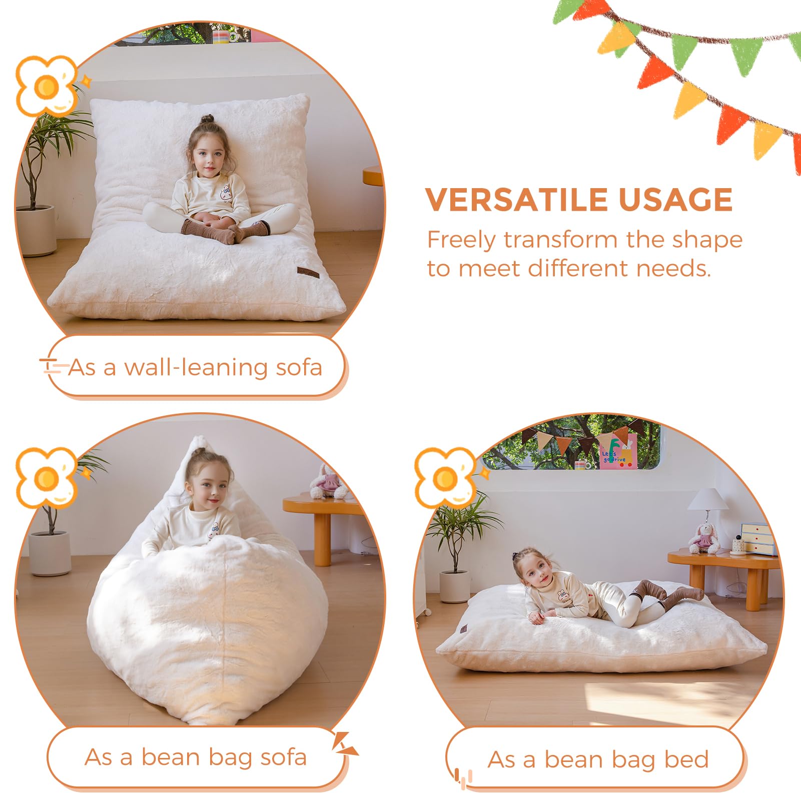 MAXYOYO 3-in-1 Kids Bean Bag Chair Bed - Soft Faux Fur Floor Sofa for Children, Gaming, Reading & Nap Time - Cozy Beige Lounge Chair for Bedroom, Playroom & Dorm Room