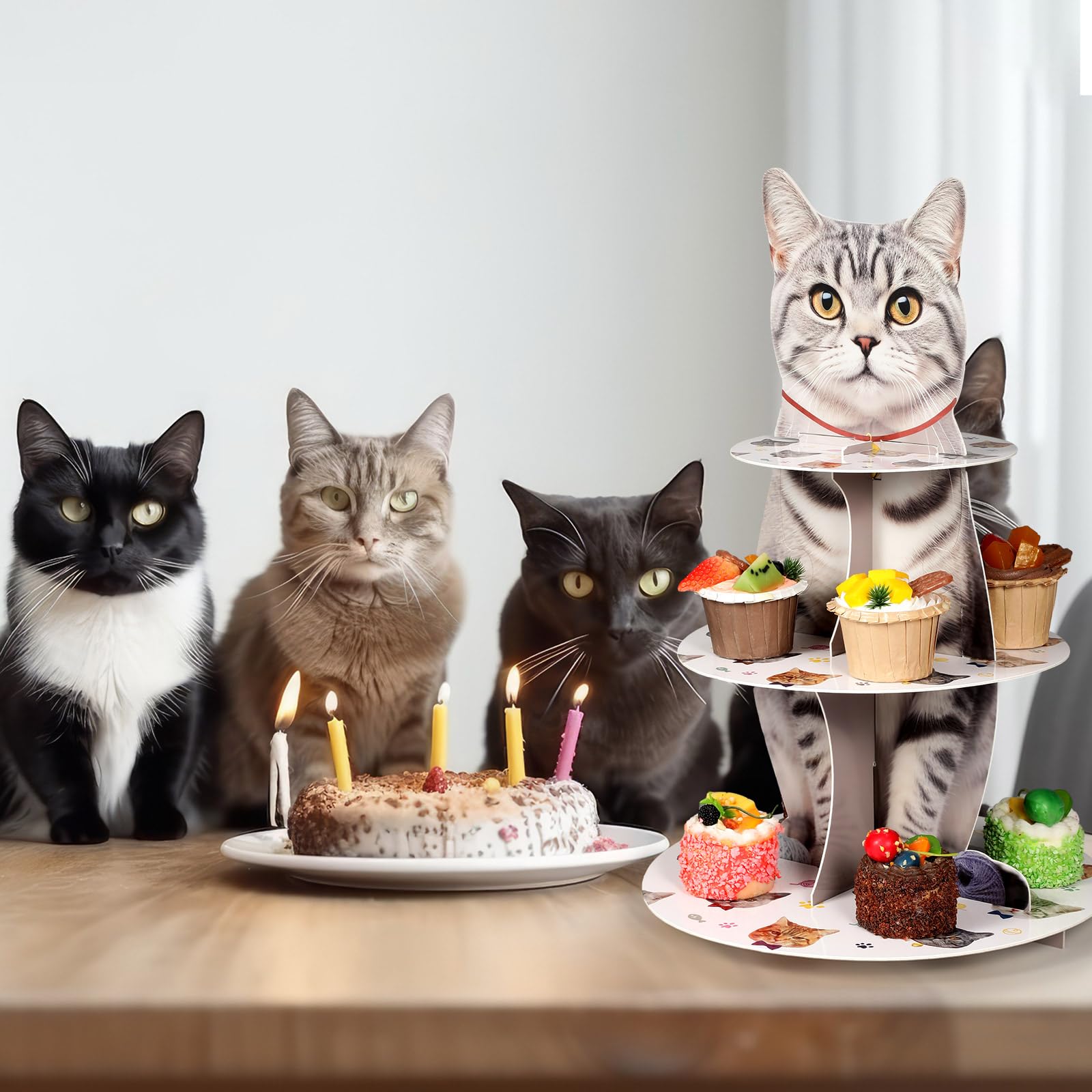 Pasimy 3-Tier Cat Cupcake Stand - Kitten Theme Birthday Party Decorations, Cardboard Dessert Holder for Pet Lovers - Perfect for Cat Birthday Parties, Baby Showers & Themed Events