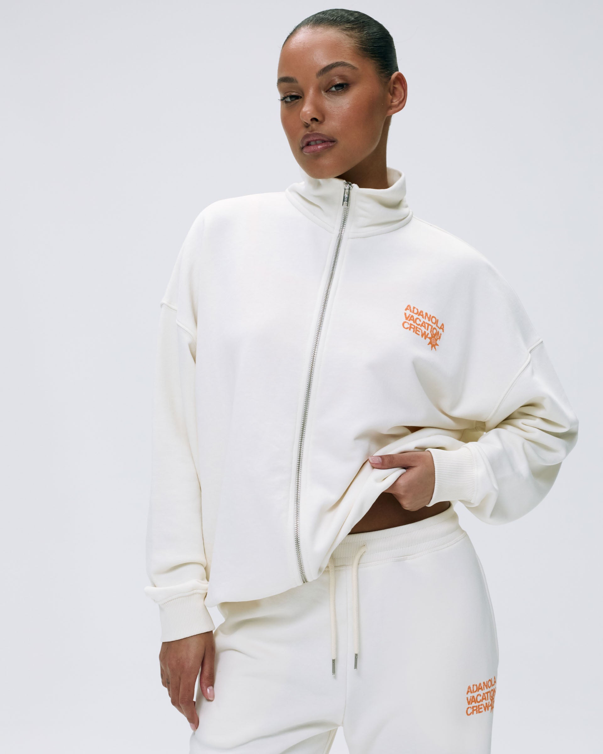 Vacation Full Zip Funnel Neck Sweatshirt for Women - Soft Marshmallow White & Mango Orange Pullover Hoodie - Perfect for Travel, Casual Outings & Cozy Loungewear