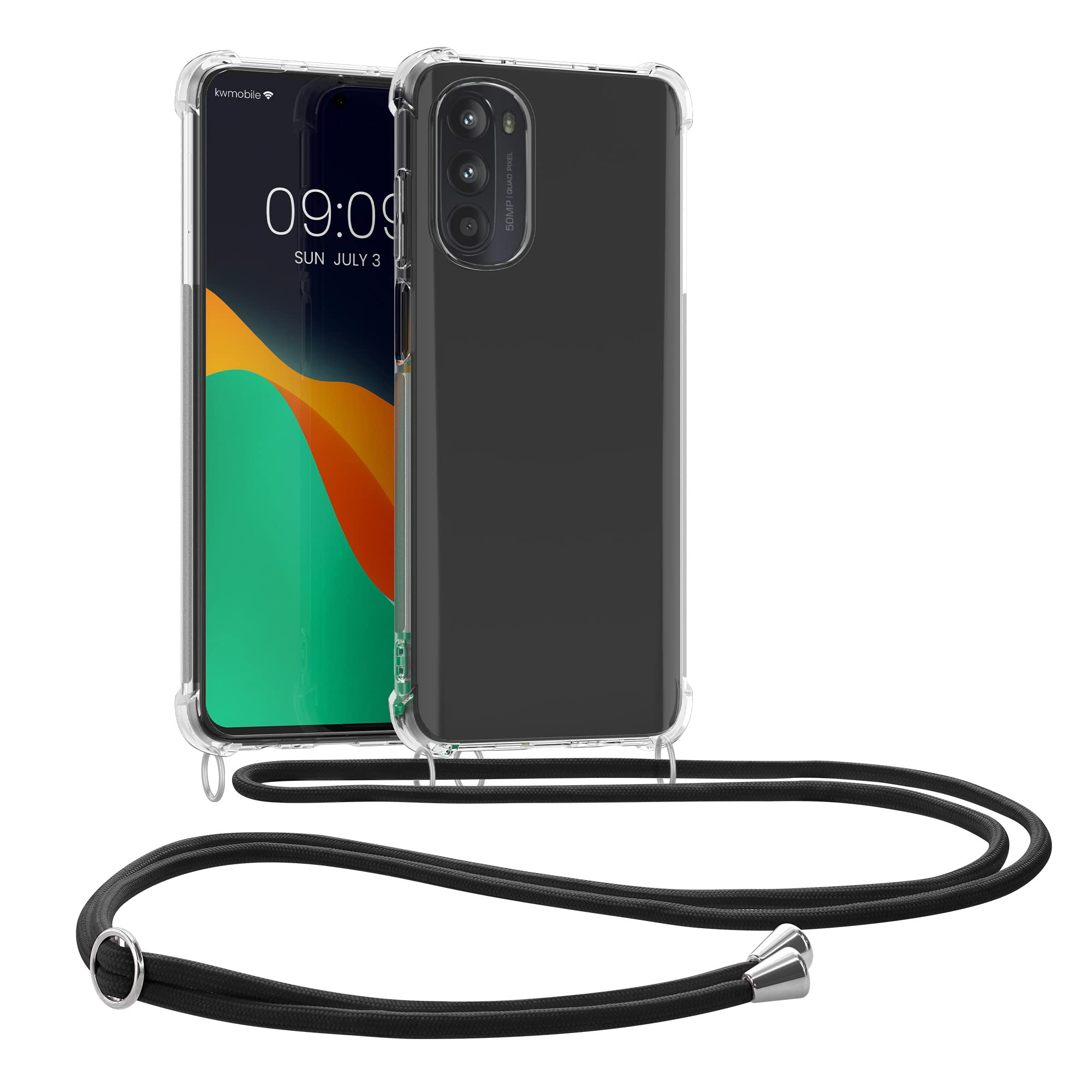 kwmobile Clear TPU Crossbody Phone Case Compatible with Motorola Moto G52 & Moto G82 5G - Shockproof Protective Cover with Lanyard Strap (Transparent/Black) - Perfect for Travel, Shopping & Outdoor Activities