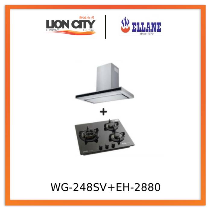 Ellane EH 2880 90cm Touch Control Stainless Steel Range Hood + Ellane WG 248SV 3 Burner Glass Cooktop - Modern Kitchen Ventilation & Cooking Solution for Home Chefs