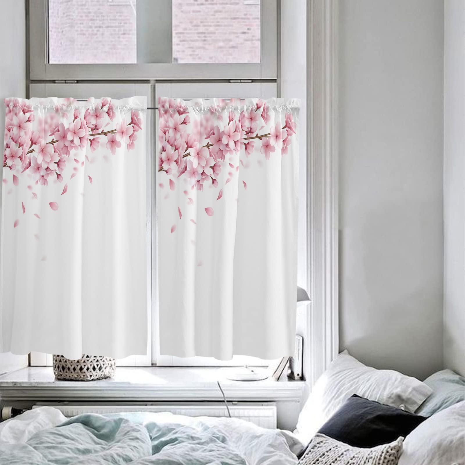 Spring Pink Sakura Flowers Kitchen Curtains 45 Inch Length - 2 Panels Cafe Tier Window Drapes with Rod Pocket, 55x45 Inches - Perfect for Kitchen, Dining Room, and Cafe Window Treatments