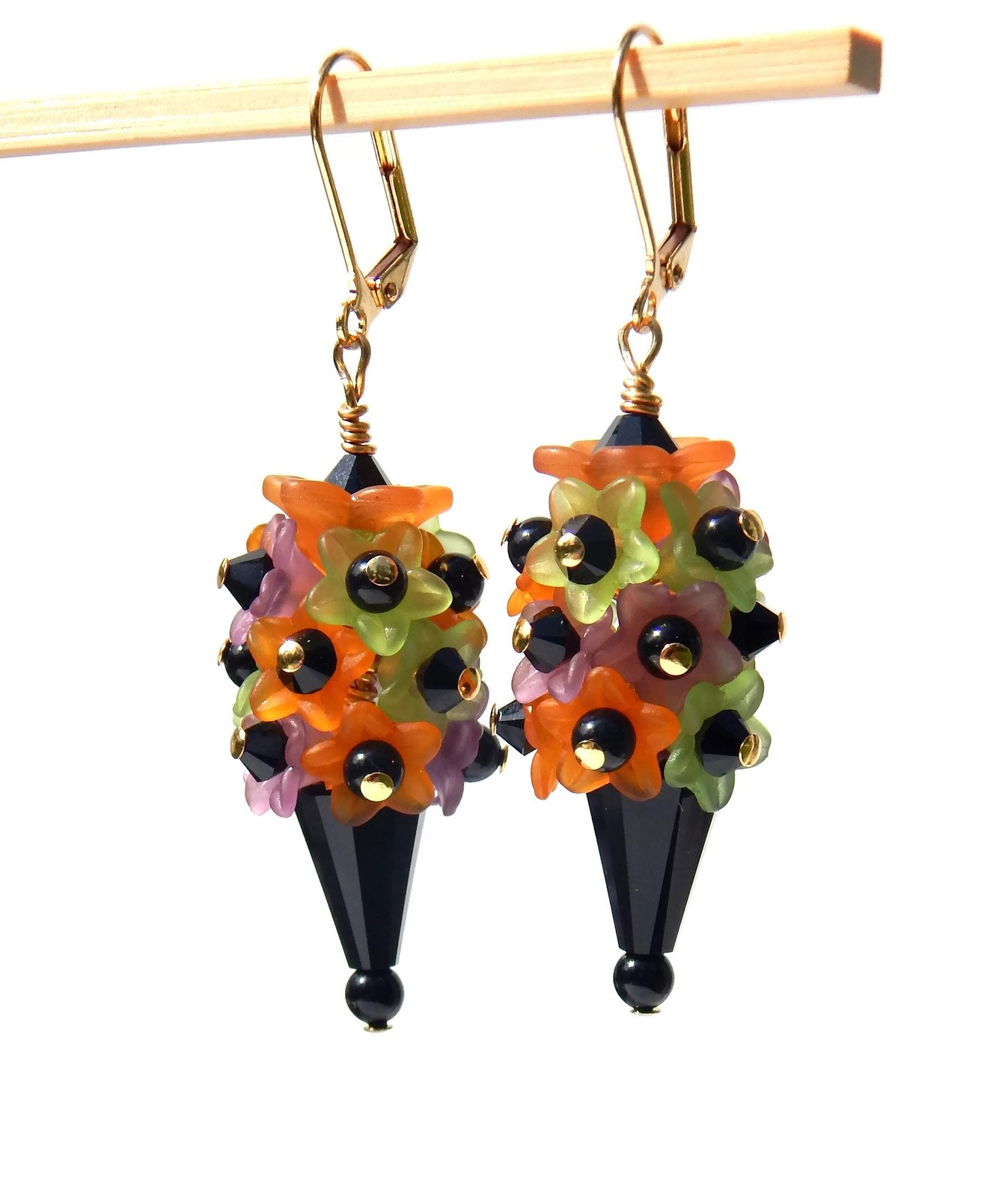 Halloween Flower Earrings - Orange, Black, Purple & Green Floral Cluster Dangle Earrings for Women | Spooky Party Accessories, Cosplay Costume Jewelry, Witchy Gothic Fashion