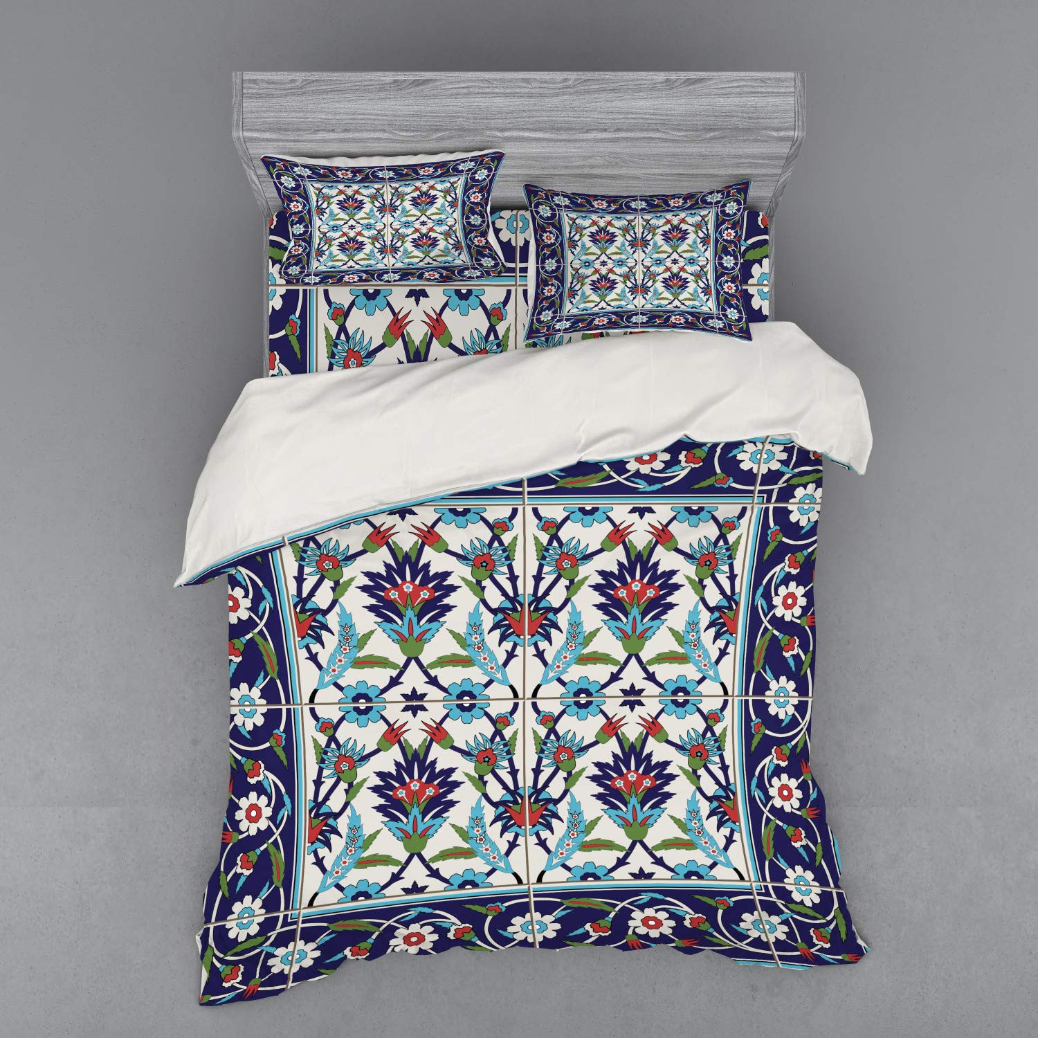 Ambesonne Turkish Mosaic Duvet Cover Set - 4 Piece California King Bedding with Shams & Fitted Sheet, Nature Inspired Tulip Daisy Floral Pattern, Multicolor - Perfect for Bohemian Bedroom Decor & Guest Room Styling