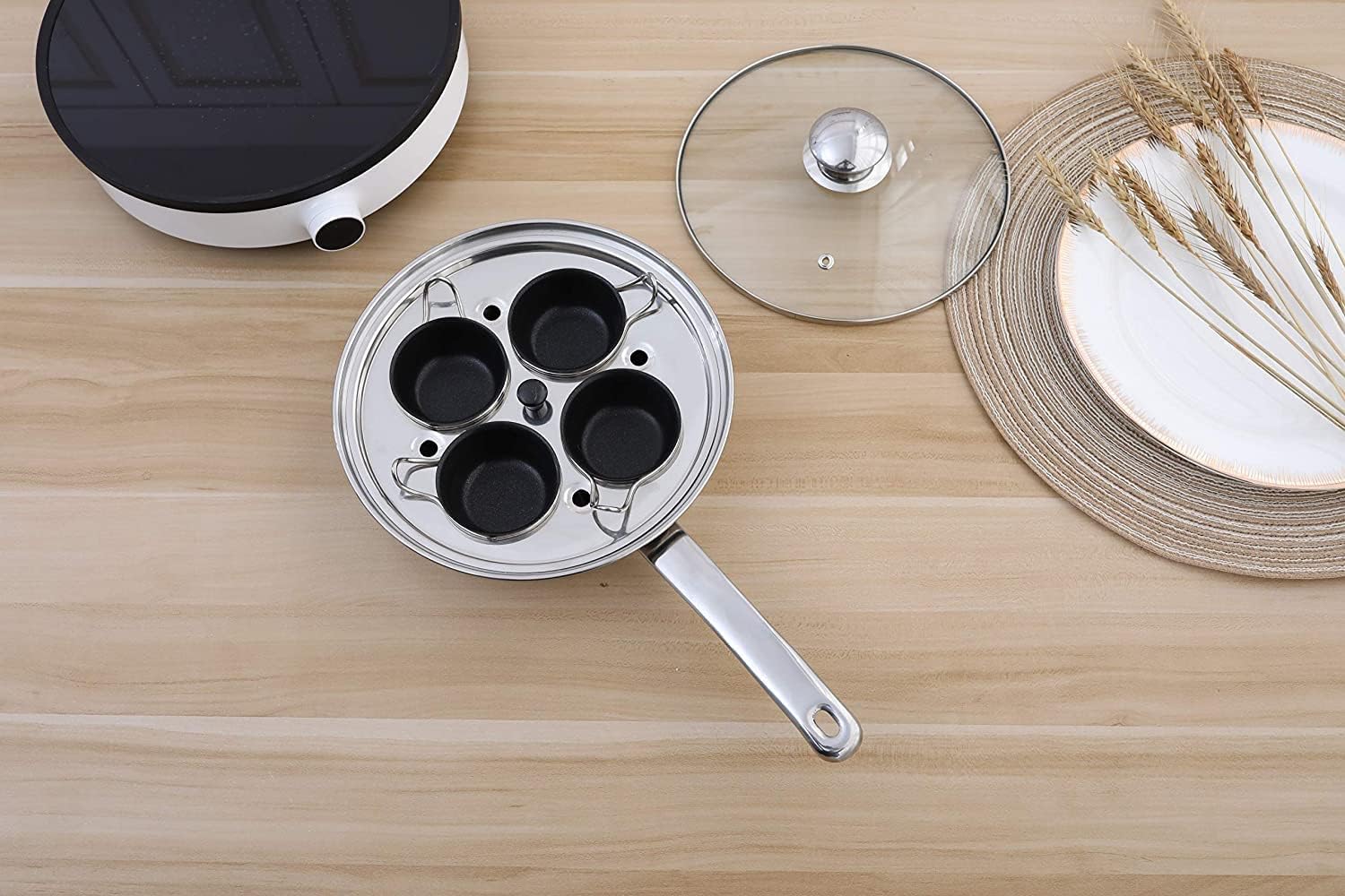 4-Cup Stainless Steel Egg Poacher Pan Set - Induction Compatible Nonstick PFOA-Free Poached Egg Cooker with Silicone Spatula - Perfect for Breakfast, Brunch & Healthy Cooking