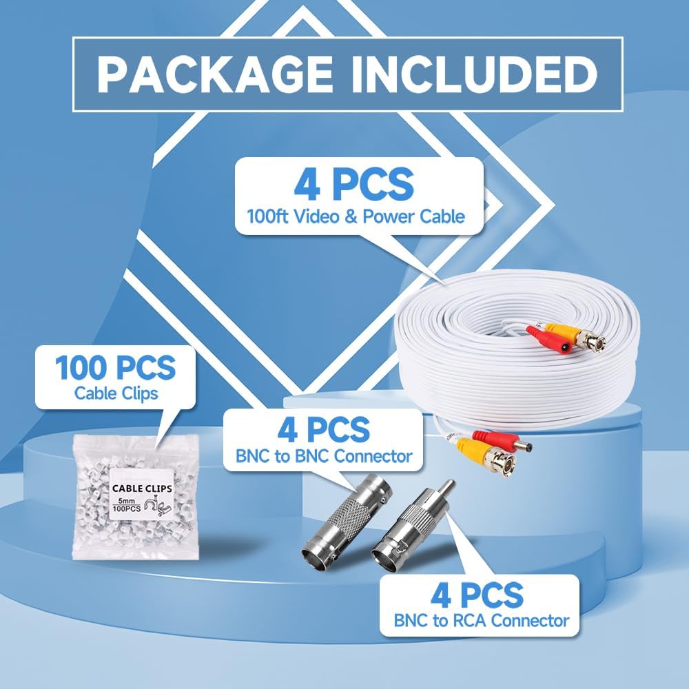 4 Pack 100ft/30M All-in-One BNC Video Power Cables for CCTV Security Camera System - 8 BNC Connectors & 100 Cable Clips Included - Perfect for DVR Installation & Surveillance Setup (Indoor/Outdoor Use)