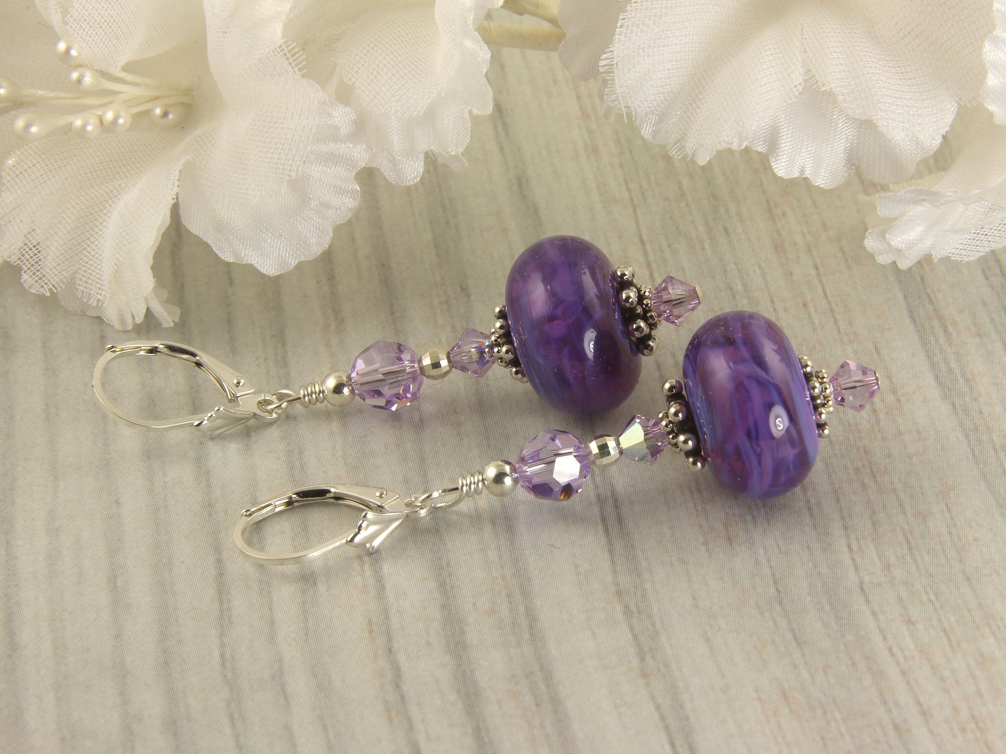 Handmade Cosmo Violet Lampwork Glass Bead Earrings for Women - Boho Chic Dangle Earrings for Party, Wedding & Everyday Wear