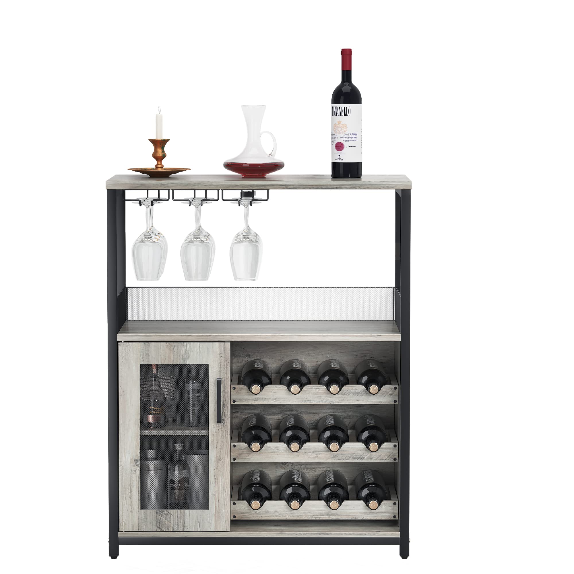 Premium Wine Cabinet & Bar Cabinet with Removable Wine Rack, Glass Holder & Mesh Door - Functional Storage with Adjustable Partitions (Grey) - Perfect for Home Bars, Dining Rooms & Wine Cellars