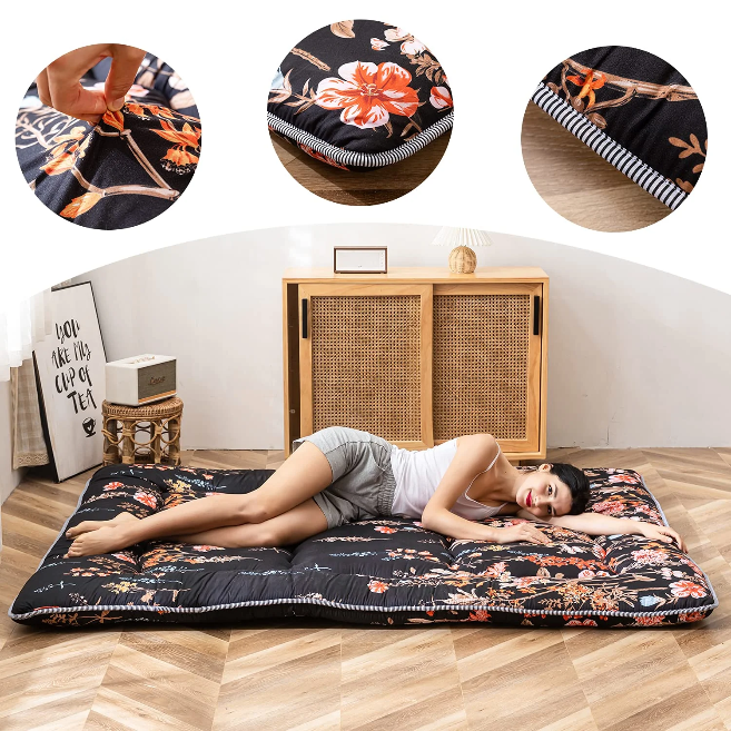 MAXYOYO Floor Mattress - Black Floral Printed Japanese Futon Mattress for Bedroom, Guest Room & Travel | Foldable Floor Sleeping Pad for Adults & Kids