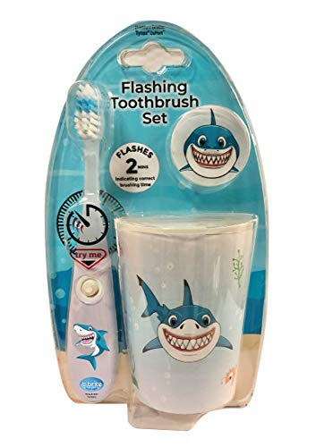 Lily's Home Kids Electric Toothbrush with 2-Minute Flashing Timer, Toothbrush Holder & Travel Case - Fun Shark Design to Encourage Children's Dental Hygiene - Perfect for Home, School & Travel