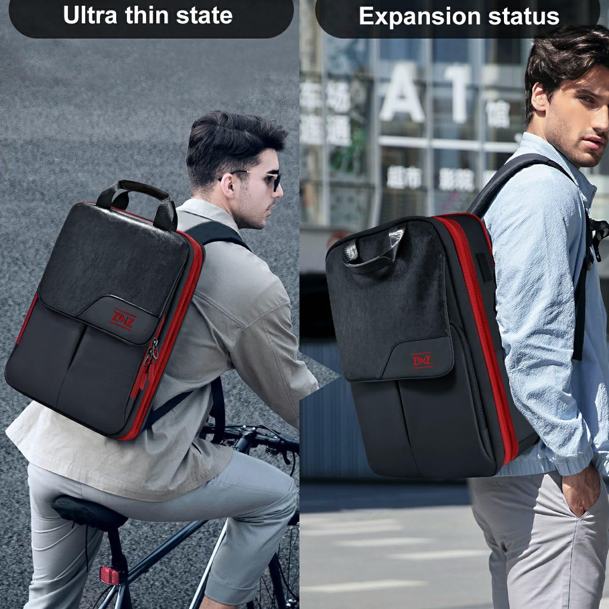 ZINZ Slim & Expandable 15.6 16 17 Inch Laptop Backpack - Water-Resistant Travel Business Backpack for Men & Women (Black/Red) - Perfect for Work, School & Daily Commute