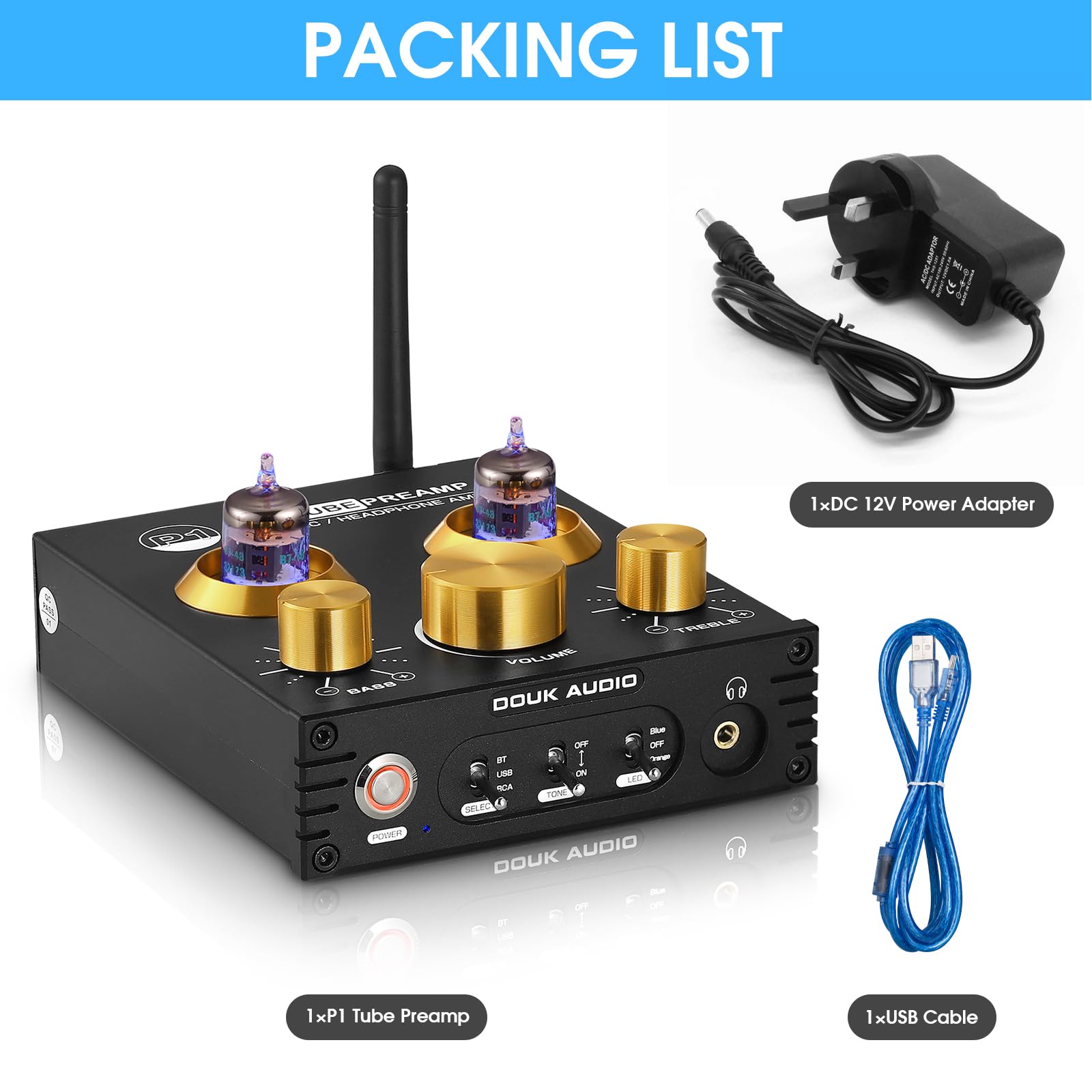 Douk Audio P1 Tube Preamp - Bluetooth 5.0 Hi-Fi Preamplifier with GE5654 Vacuum Tube, Wireless Audio Receiver, USB DAC, APTX-HD Support for Home Theater & Audiophile Systems